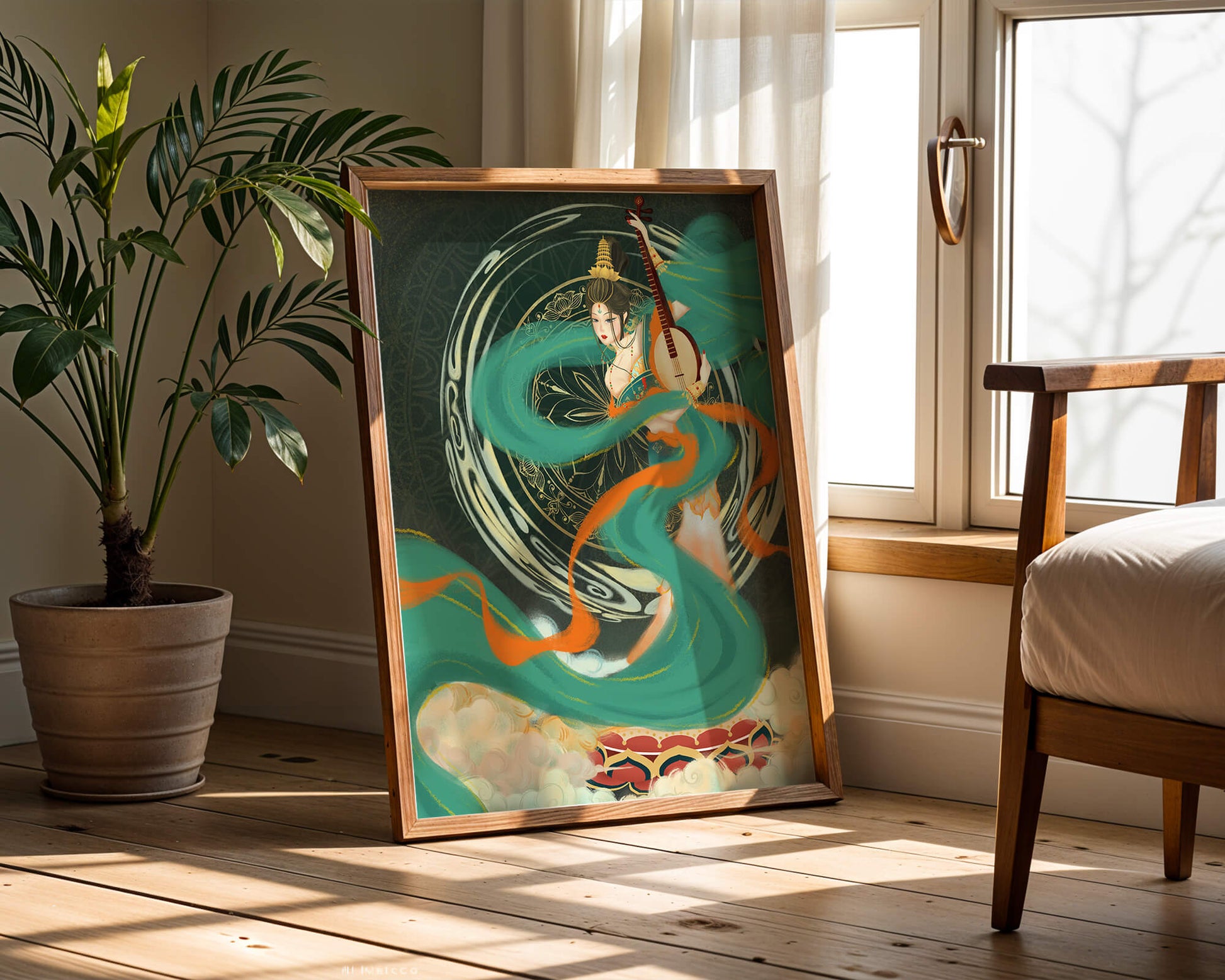 Elegant depiction of traditional musical culture with vibrant flowing ribbons and intricate patterns