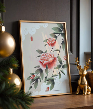 Oriental floral illustration with pink peonies and calligraphy