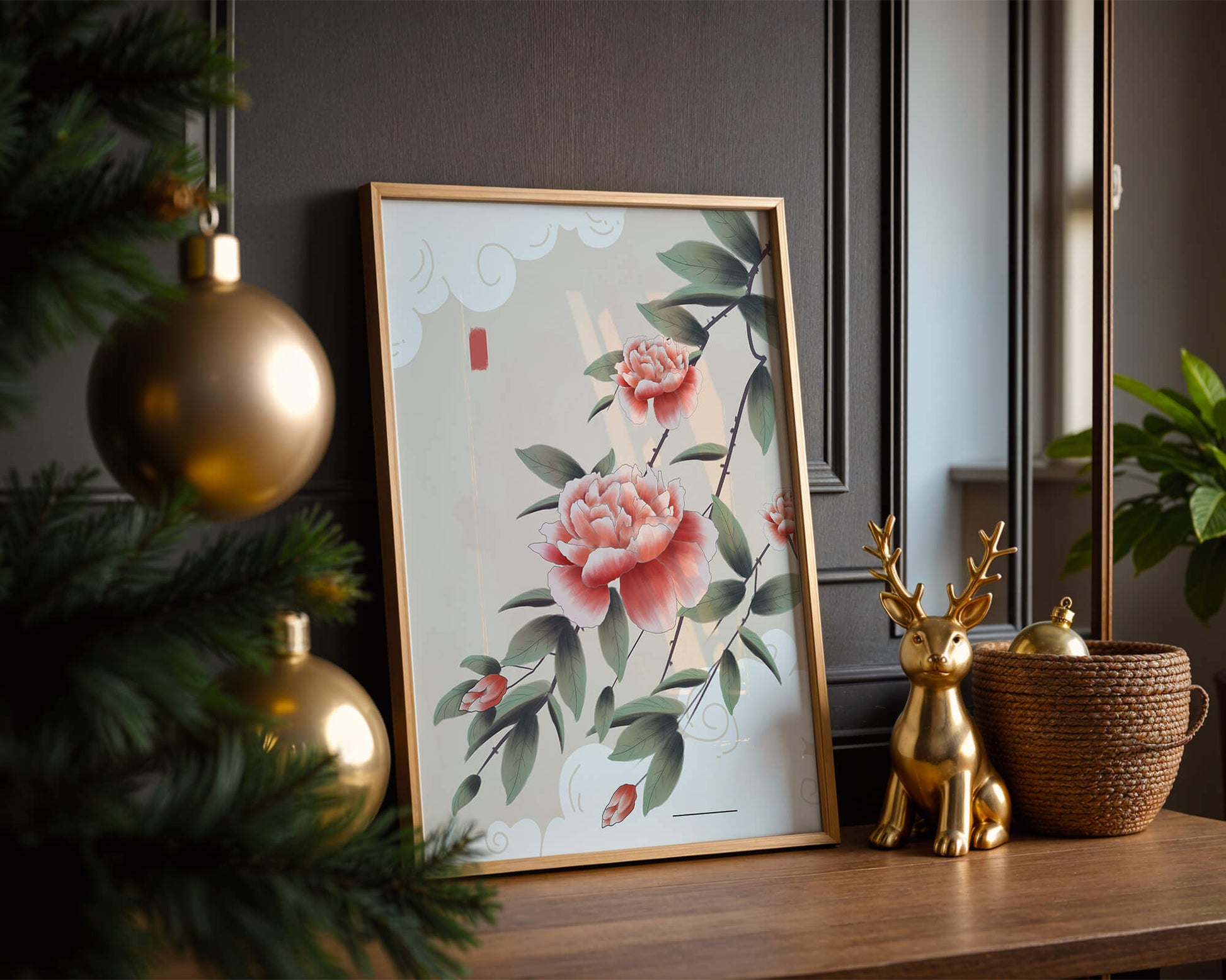 Oriental floral illustration with pink peonies and calligraphy