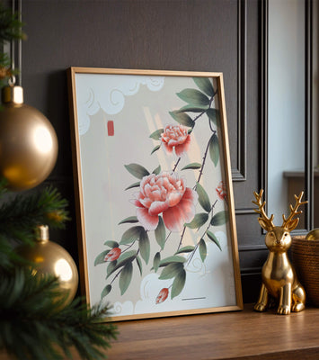 Oriental floral illustration with pink peonies and calligraphy