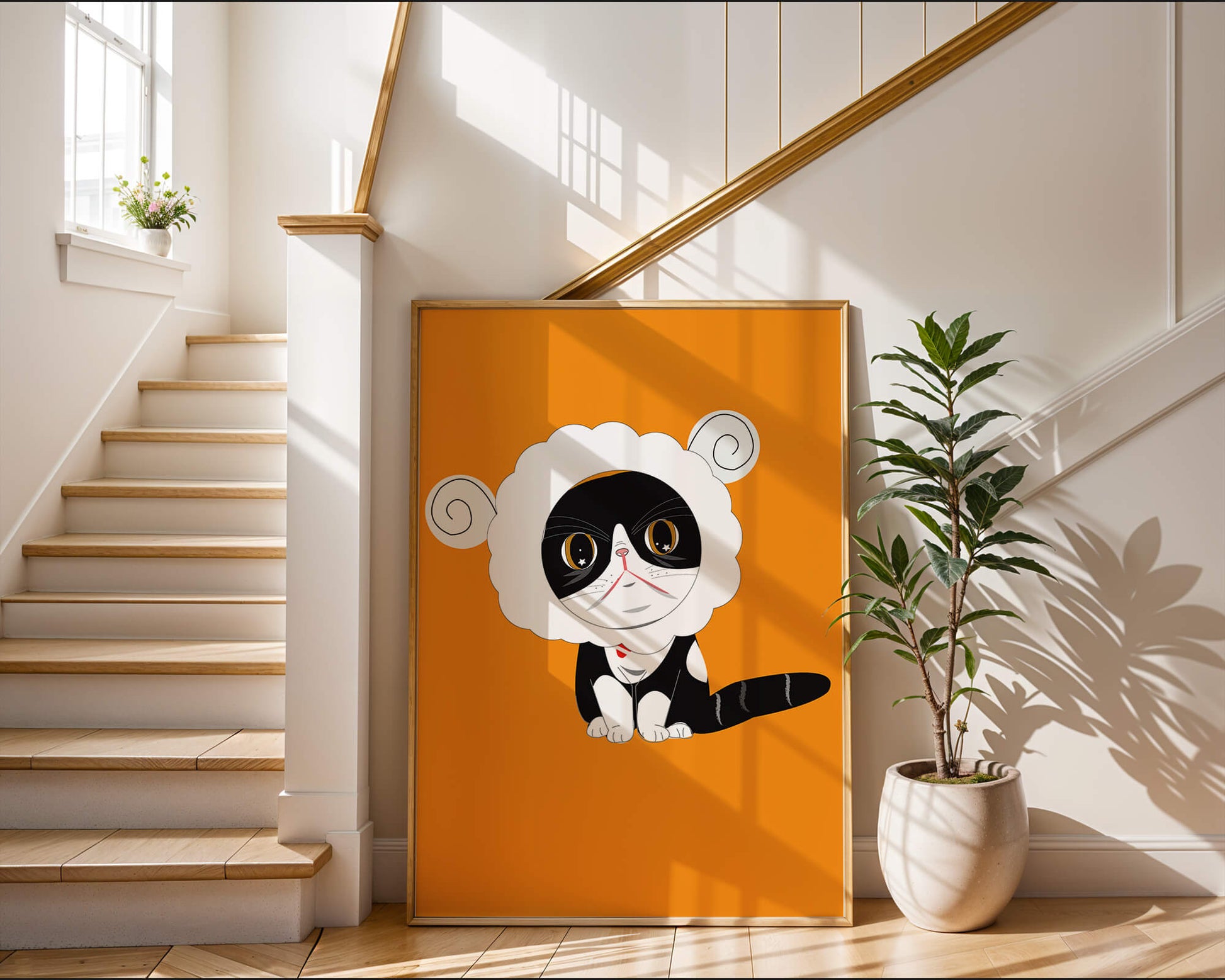 Ilustración de un gato disfrazado de oveja sobre un fondo naranja vibrante