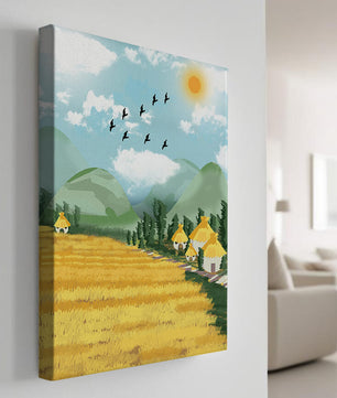 Sunny Countryside With Birds And Golden Fields