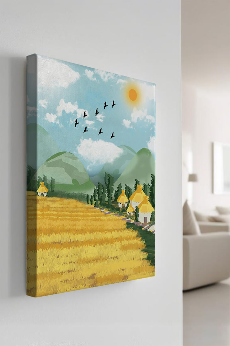 Sunny Countryside With Birds And Golden Fields