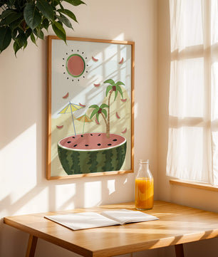 Summer Paradise with Watermelon Sun and Palms in Surreal Landscape