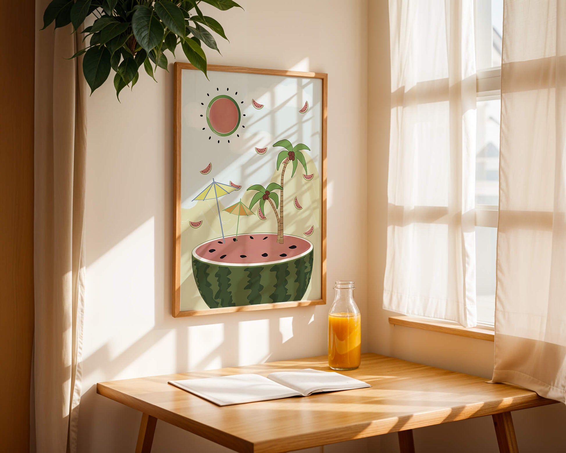 Summer Paradise with Watermelon Sun and Palms in Surreal Landscape