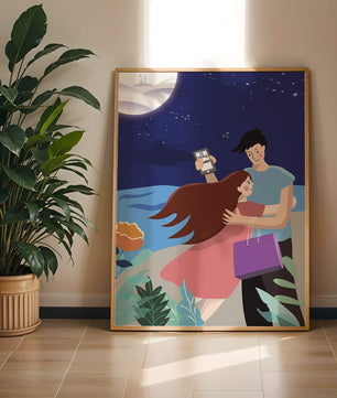 Pareja romántica abrazándose bajo una noche iluminada por la luna