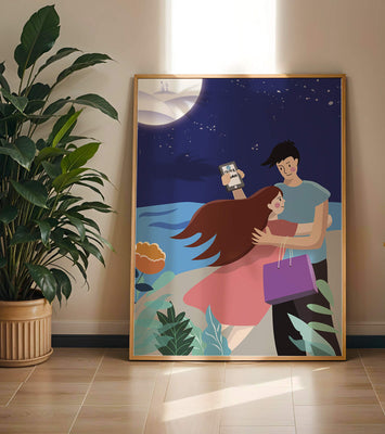 Romantic couple embracing under a moonlit night