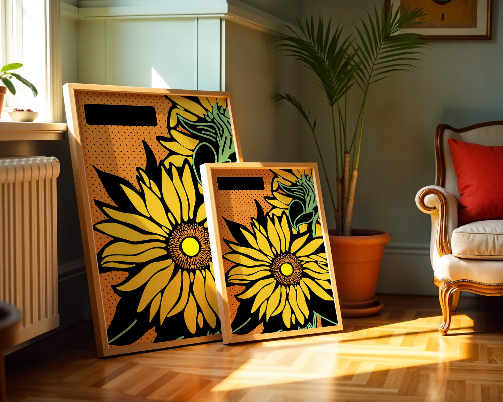 Colorful sunflower illustration with bold lines and dots