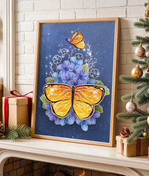Colorida ilustración de mariposa y flores azules