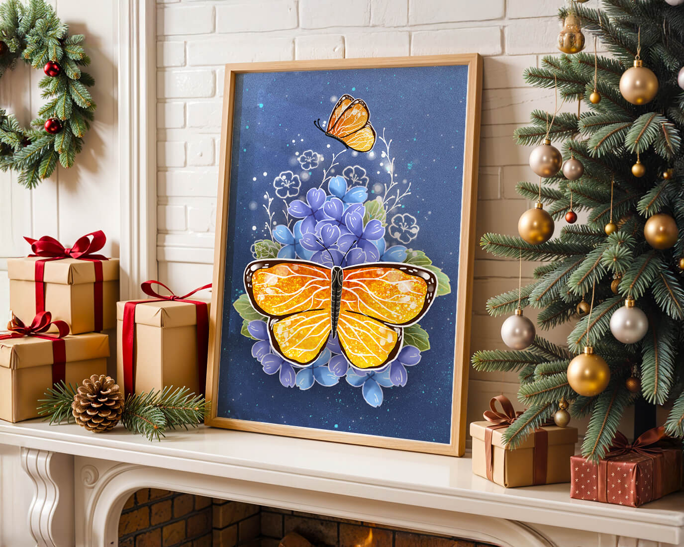 Colorida ilustración de mariposa y flores azules