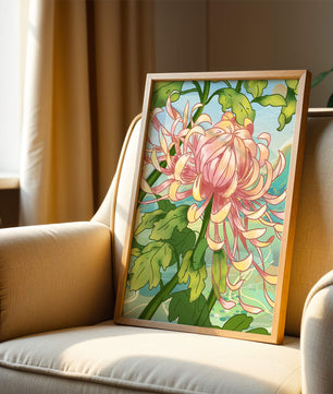 Belle illustration florale avec chrysanthème et feuilles vertes