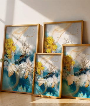Surreal Nature Scene with Elephants and Golden Leaves