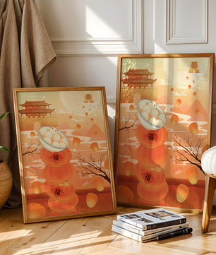 Scène de festival traditionnel chinois avec des lanternes et des raviolis
