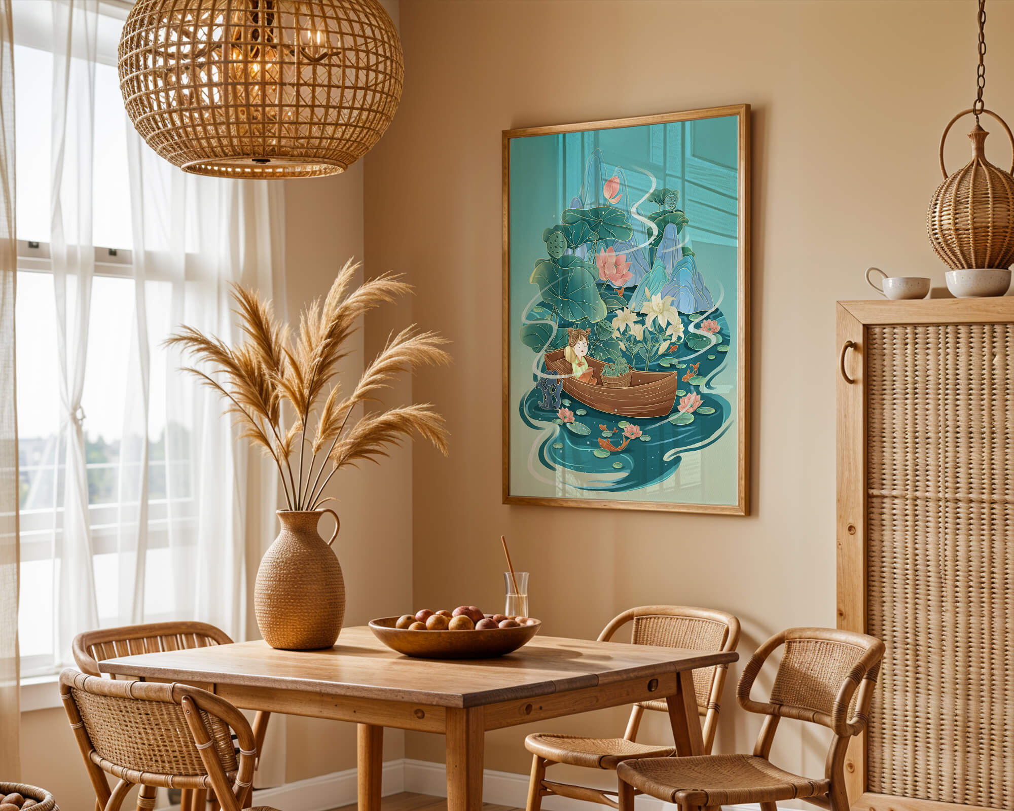 Serene landscape with lotus and boat in a tranquil water scene