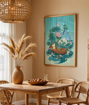 Heitere Landschaft mit Lotus und Boot in einer ruhigen Wasserszene