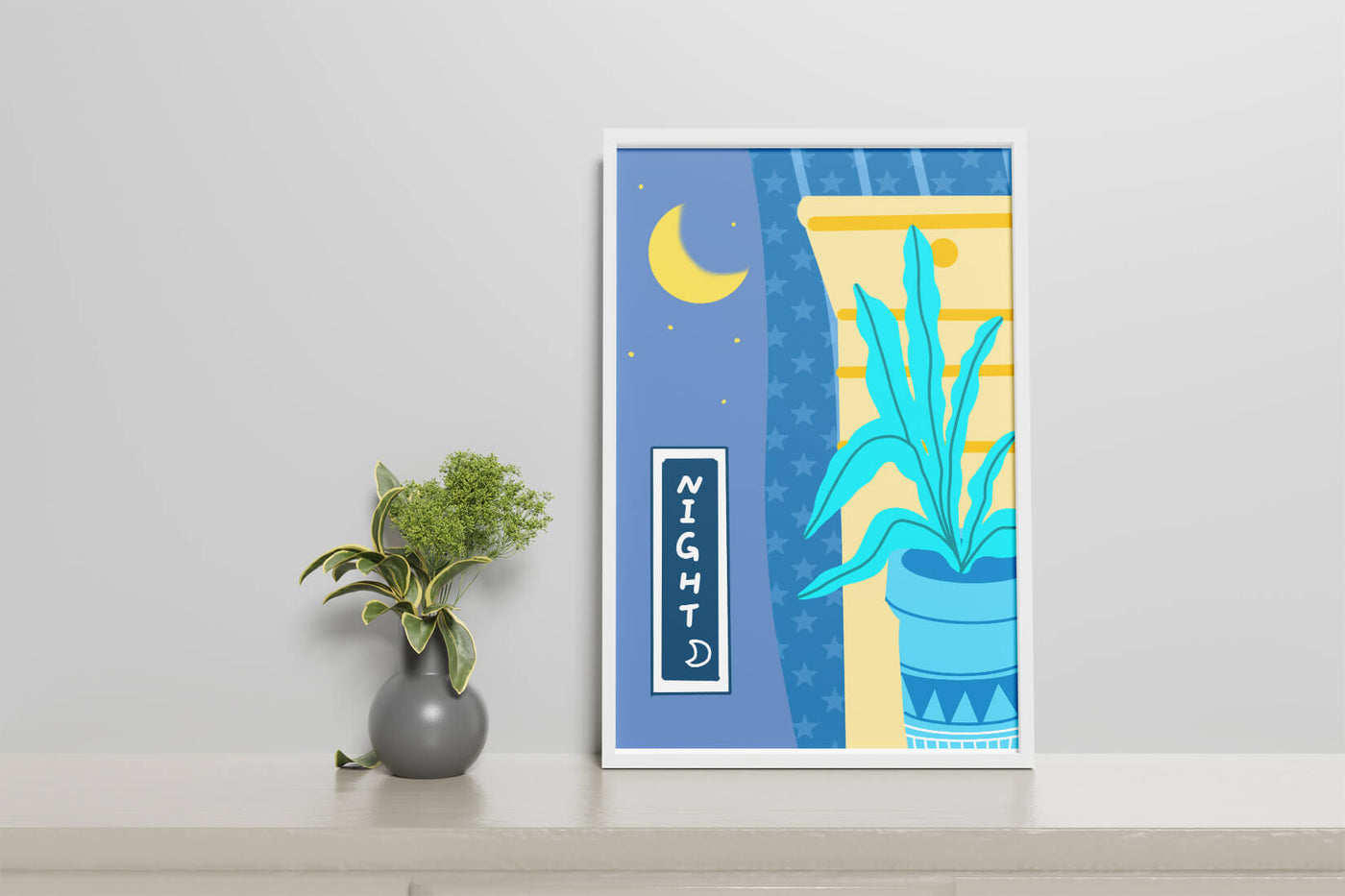 Nighttime plant illustration with crescent moon and starry background