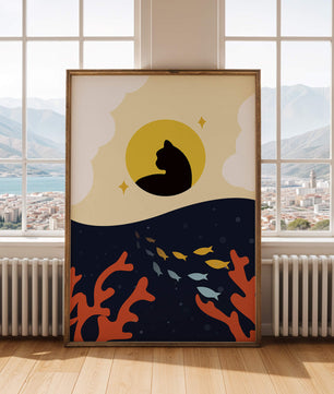 Ruhiges abstraktes Design mit Katzensilhouette und lebendiger Unterwasserszene