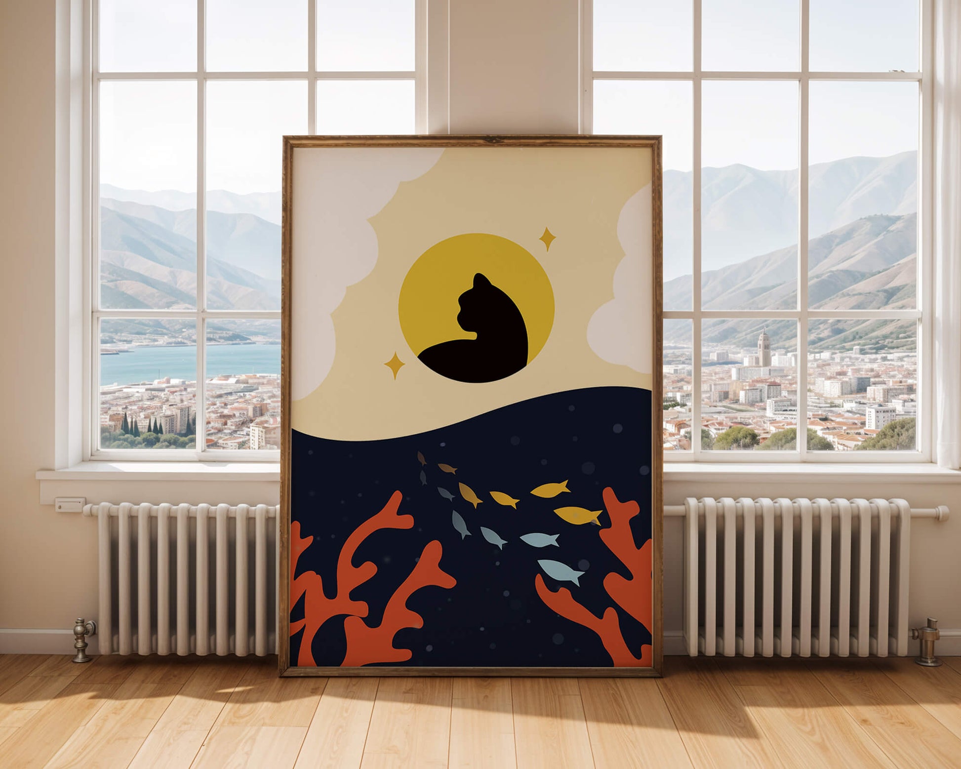 Ruhiges abstraktes Design mit Katzensilhouette und lebendiger Unterwasserszene