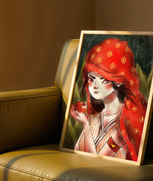 Illustration d'une fille en capuchon rouge tenant une pomme dans une forêt