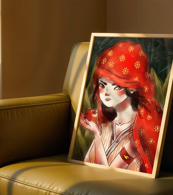 Illustration of a girl in a red hood holding an apple in a forest