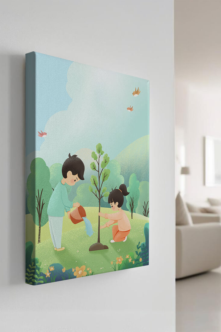 Children nurturing a young tree in a lush green landscape