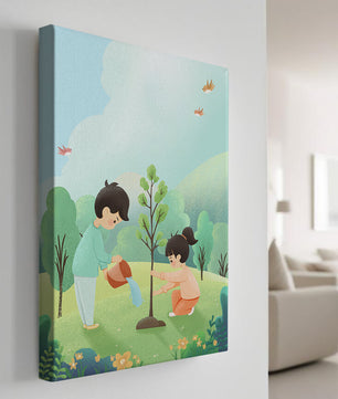 Kinder pflegen einen jungen Baum in einer üppig grünen Landschaft