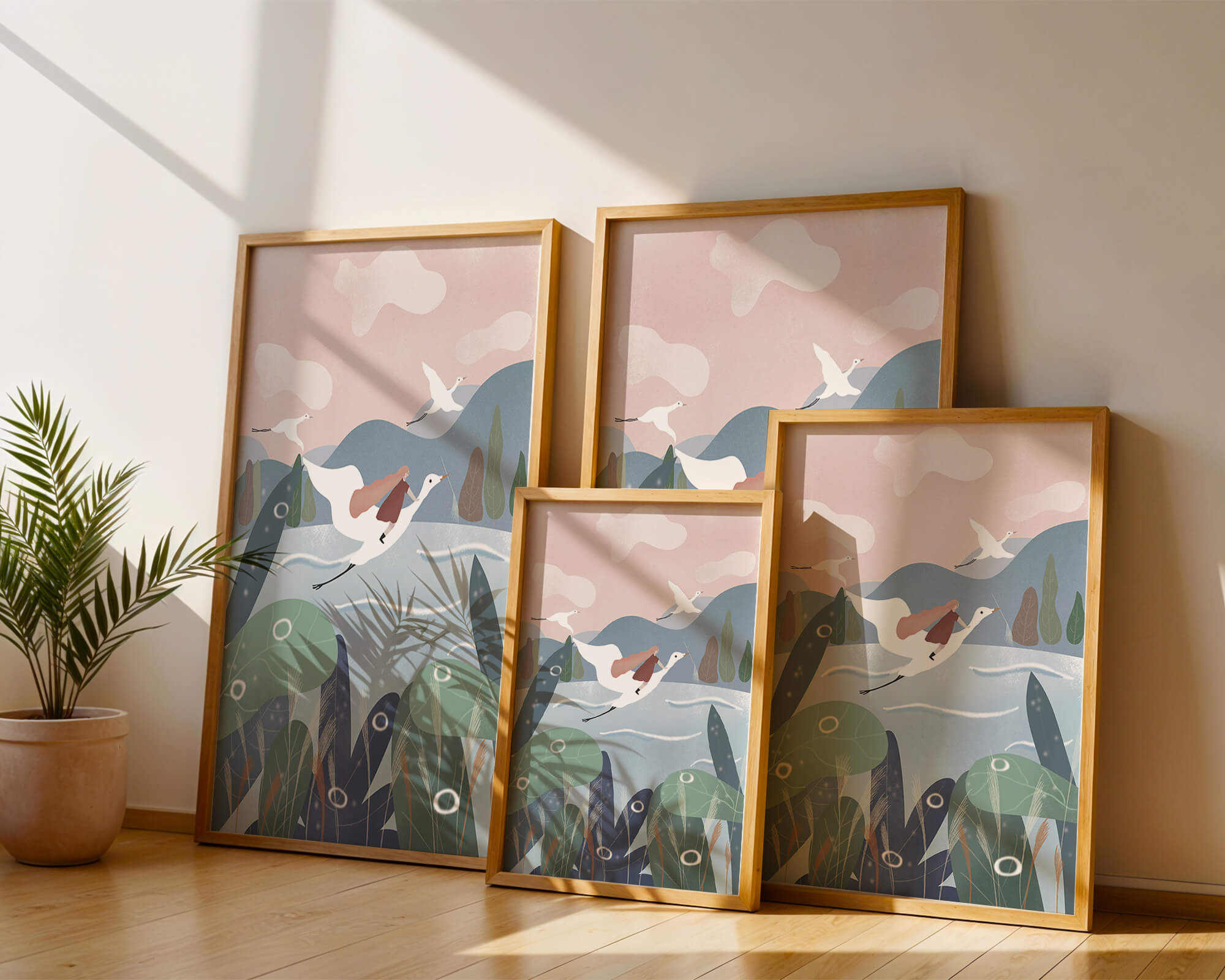 Whimsical landscape with flying birds and pink sky