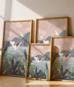 Whimsical landscape with flying birds and pink sky
