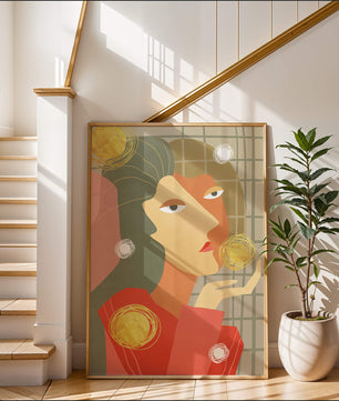 Abstract portrait artwork with geometric forms and gold accents