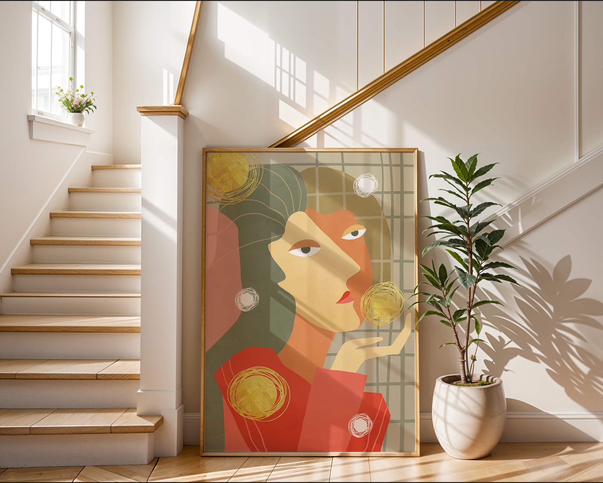 Abstract portrait artwork with geometric forms and gold accents