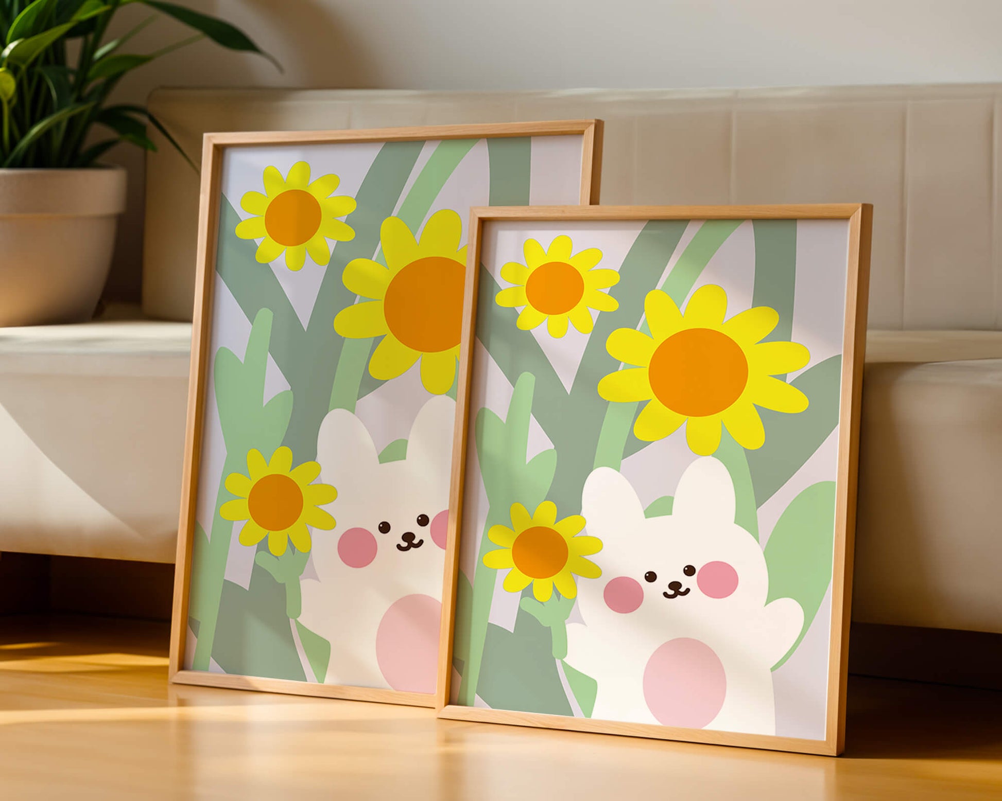 Adorable bunny with vibrant flowers cartoon illustration