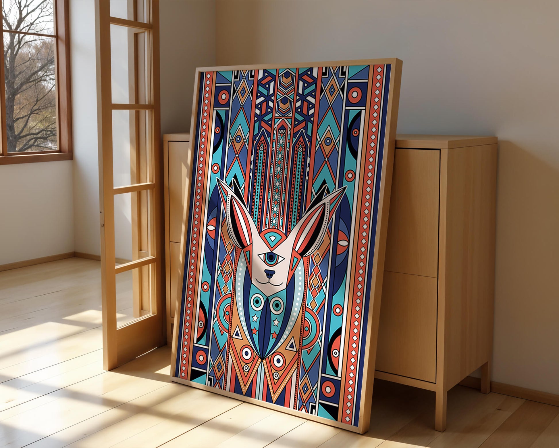 Diseño geométrico abstracto con motivo animal y patrones vibrantes