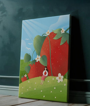 Paysage serein avec d'énormes fraises et une femme dans une prairie en fleurs