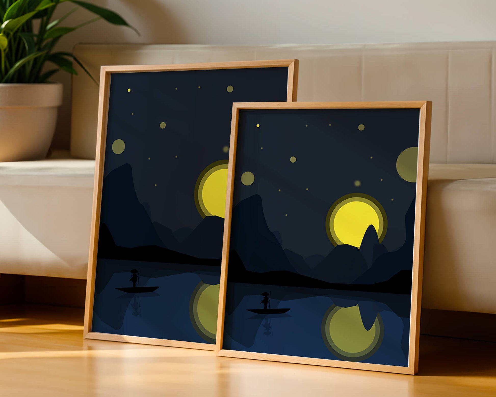 Serene night landscape with moonlit river and silhouetted boat