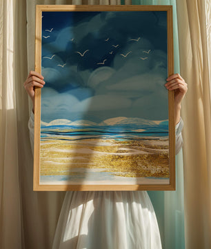 Meereslandschaft mit Vögeln in einer leuchtenden Blau- und Goldpalette