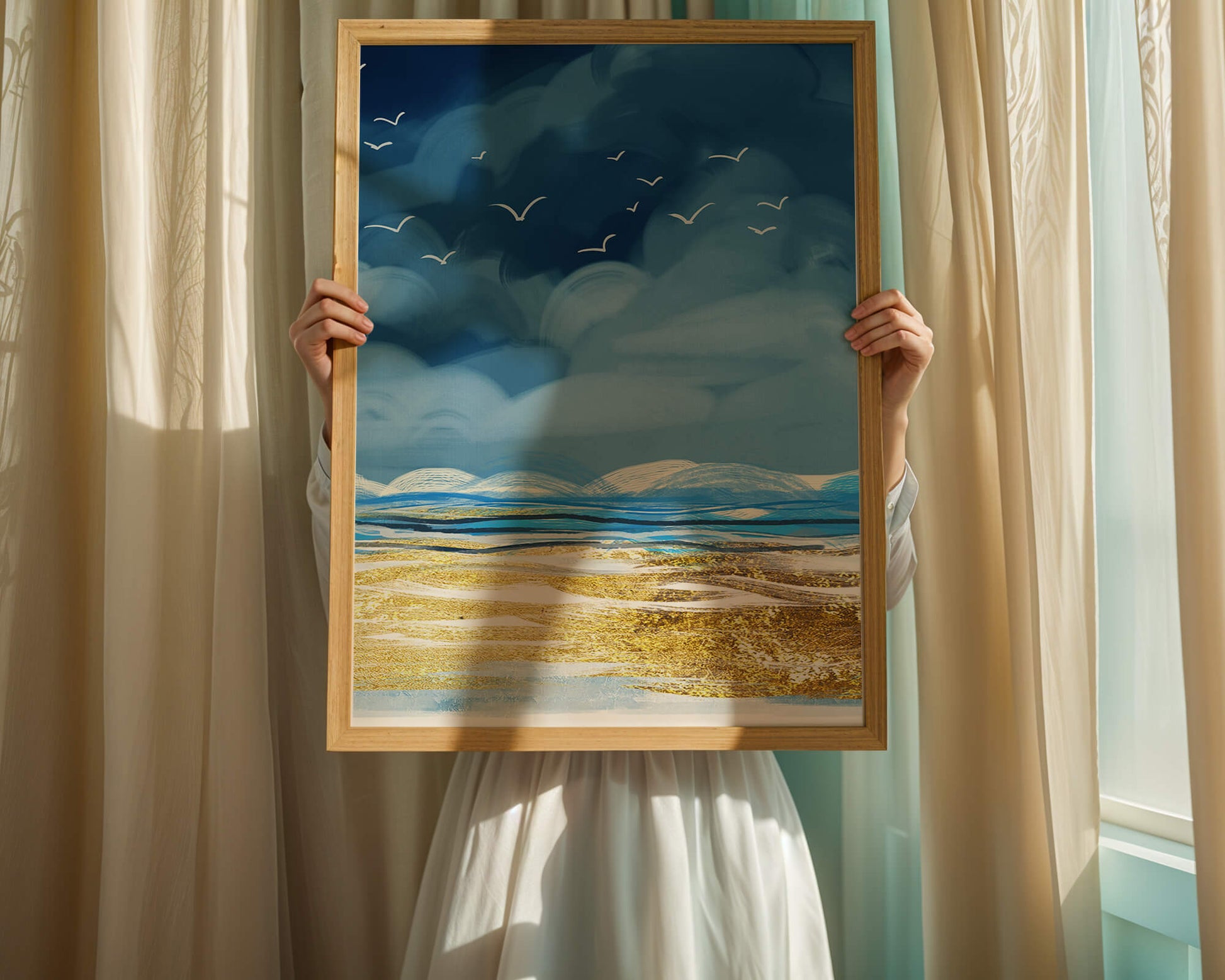 Seascape with Birds in a Vibrant Blue and Gold Palette
