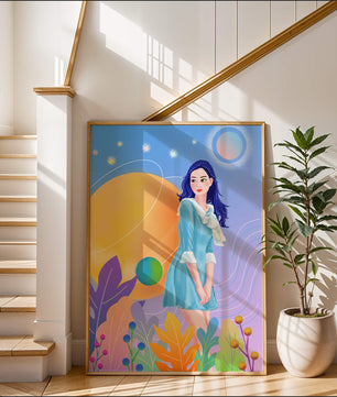 Ilustración de fantasía de una mujer en un jardín cósmico con colores vibrantes