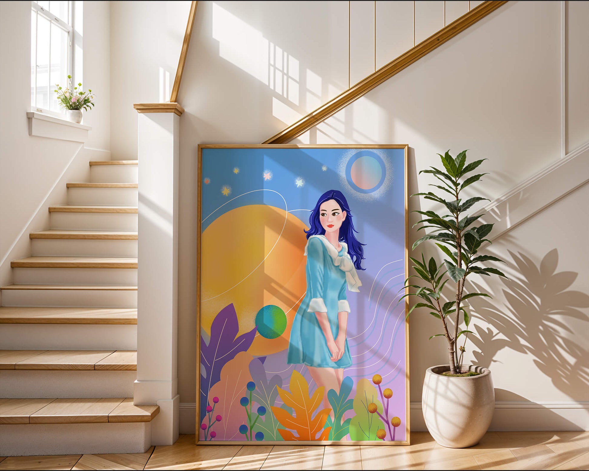 Ilustración de fantasía de una mujer en un jardín cósmico con colores vibrantes