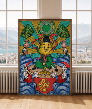 Colorful illustration of a mythical creature with traditional elements and vibrant colors