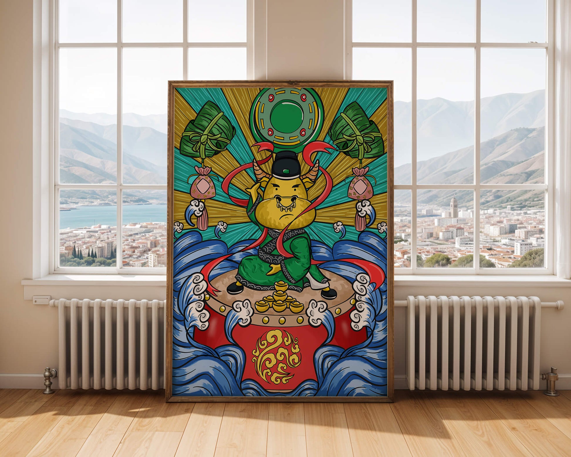 Colorful illustration of a mythical creature with traditional elements and vibrant colors