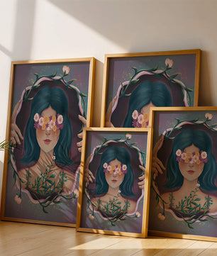 Portrait enchanteur d'une femme aux yeux floraux et aux cheveux noirs