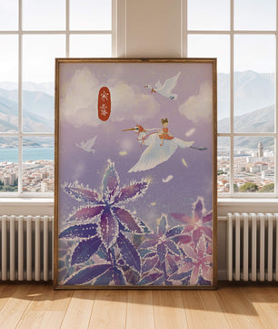 Escena caprichosa de una niña volando con grullas sobre un paisaje helado