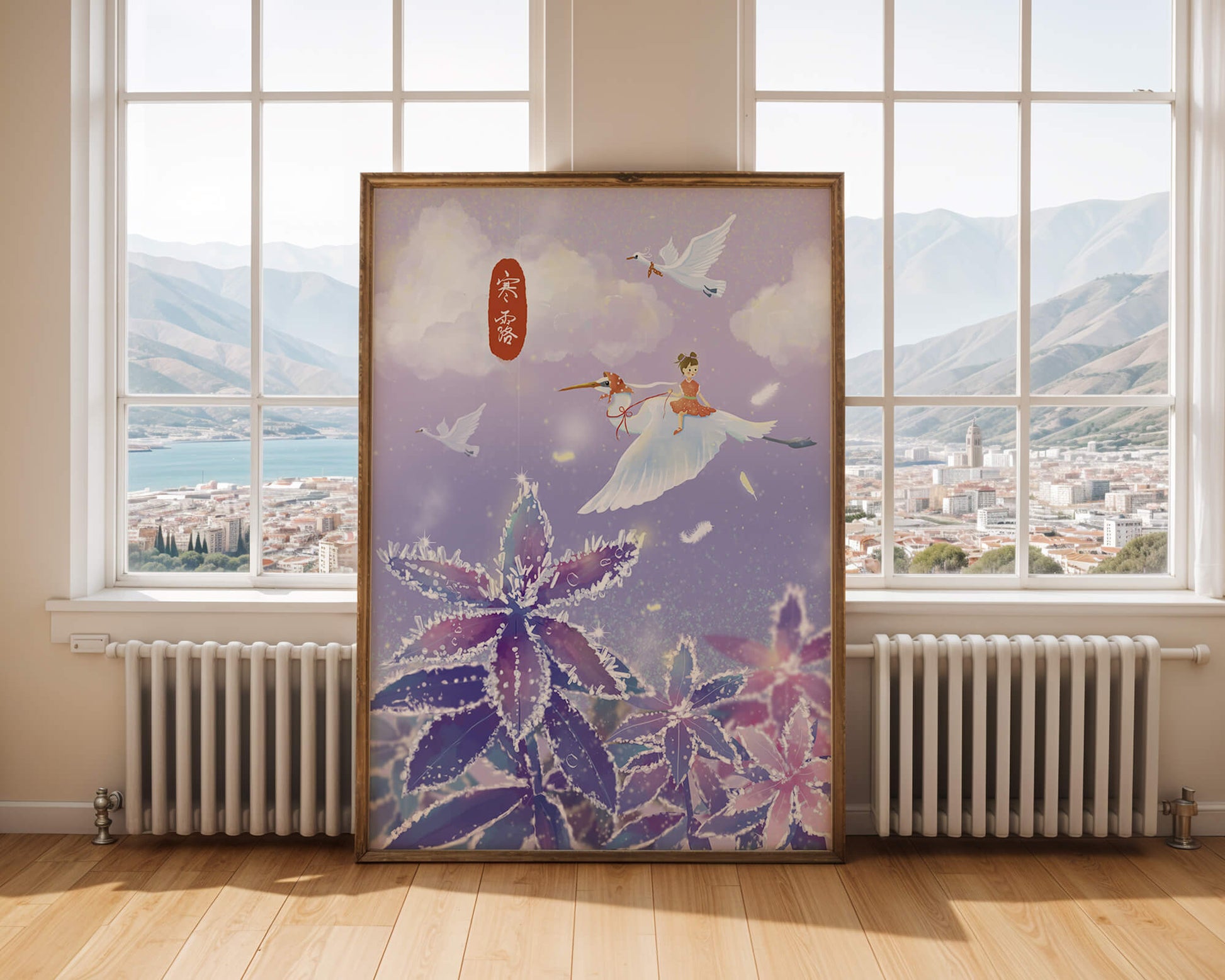 Escena caprichosa de una niña volando con grullas sobre un paisaje helado.