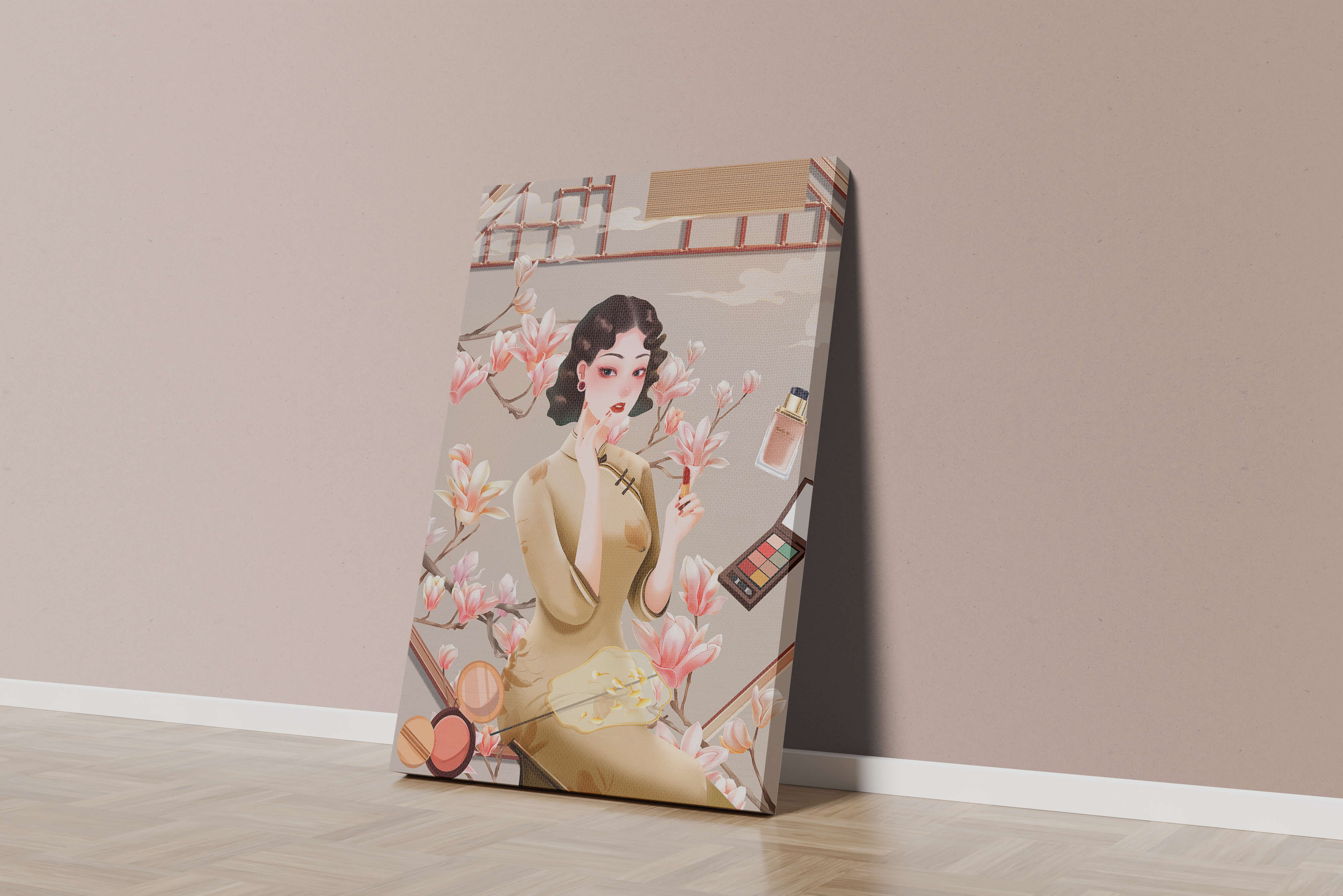 Elegant illustration of a woman with makeup and magnolia flowers