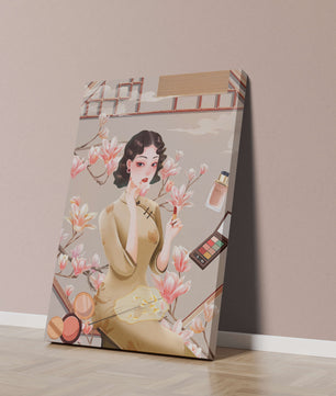 Elegant illustration of a woman with makeup and magnolia flowers