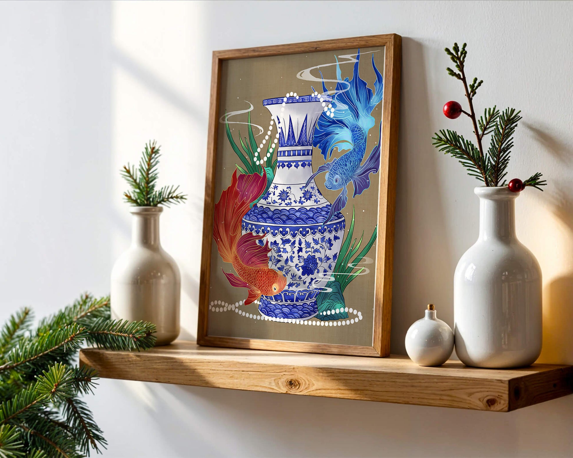 Elegant ceramic vase with vibrant fish and floral design