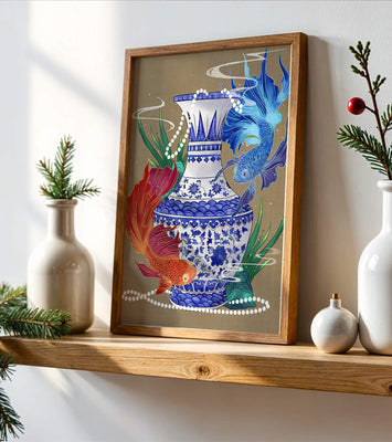 Elegant ceramic vase with vibrant fish and floral design