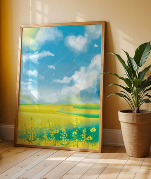 Sunny Meadow with Yellow Flowers and Blue Sky Scenic Art