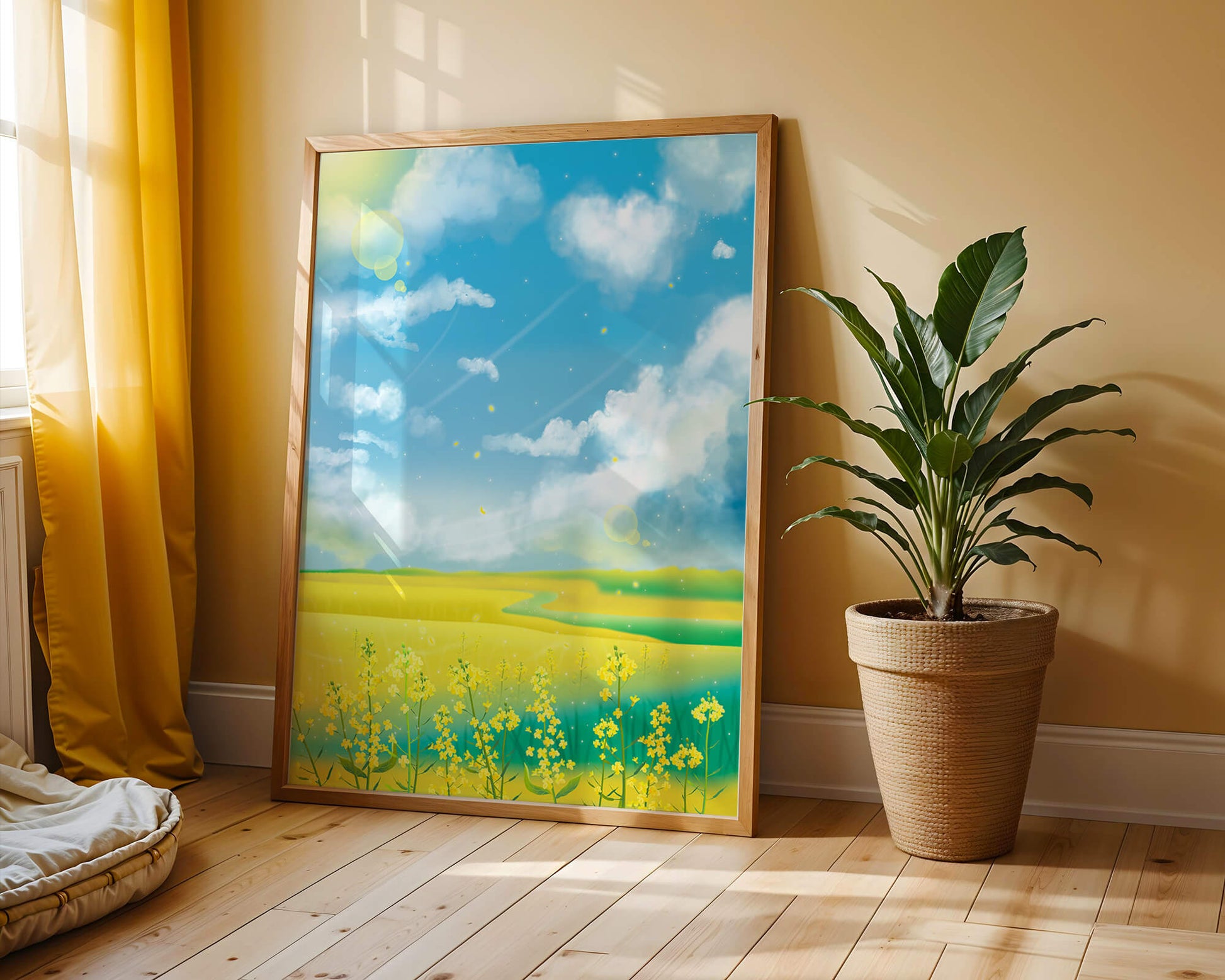 Sunny Meadow with Yellow Flowers and Blue Sky Scenic Art