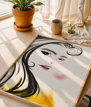 Dibujo de retrato elegante con labios rojos y motivo de corazón